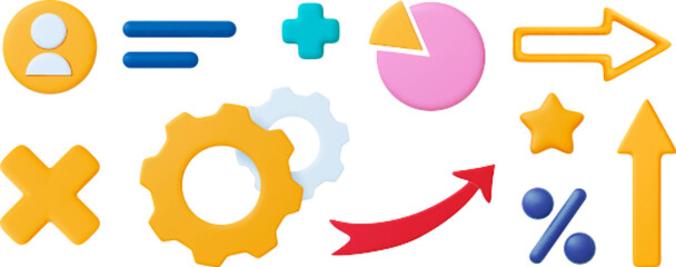 Different 3d office business elements. Arrows, personal account avatar, yellow plasticine star and chart pie. Infographics vector collection