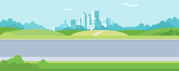 Beautiful summer or spring outdoors urban city park. Panoramic cityscape concept horizontal banner vector illustration - 580369315