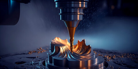 CNC turning drill milling factory processes steel turbine part process. Metal machine tools industry banner. Generation AI - obrazy, fototapety, plakaty
