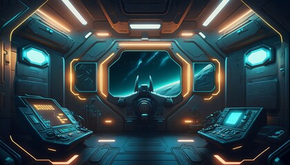 Futuristic Spaceship Interior with High-Tech Equipment and Glowing Neon Lights