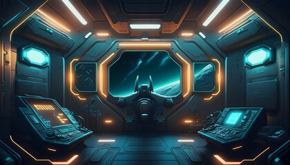 Futuristic Spaceship Interior with High-Tech Equipment and Glowing Neon Lights