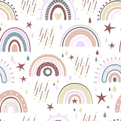Baby rainbow seamless pattern. Bedroom wallpaper design, rainbows and stars cute fabric print design. Nursery texture, abstract boho decent vector background