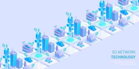 5g network technology concept. Wireless mobile telecommunication service. City buildings with telecommunication towers. Marketing website landing template. Isometric vector illustration.
