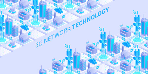 5g network technology concept. Wireless mobile telecommunication service. City buildings with telecommunication towers. Marketing website landing template. Isometric vector illustration.