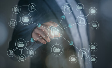 Standing businessman archiving document directory on cloud Business setup document management system