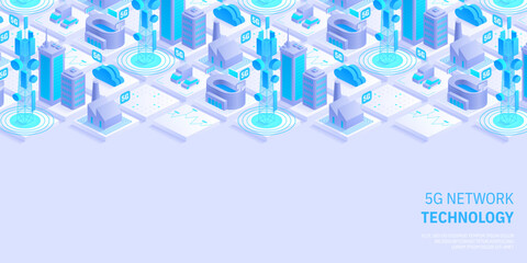 5g network technology concept. Wireless mobile telecommunication service. City buildings with telecommunication towers. Marketing website landing template. Isometric vector illustration.