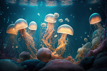 Jellyfish In An Aquarium Background, Jellyfish In Aquarium Background, Generative Ai