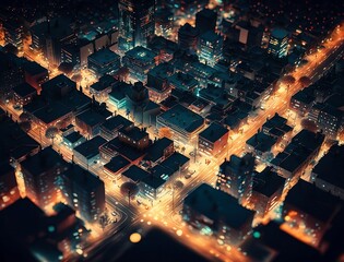 An Aerial View of a City at Night with Bright Lights and Realistic Details