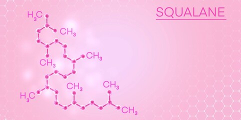 The chemical formula of squalene on the background of shimmering particles and hexagon. The squalene molecule.It is used in cosmetics,serum,cream,anti-aging procedures. Structural chemical formula and