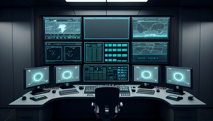 High-Tech Control Room with Glass Walls and Advanced Equipment