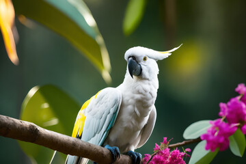 Cockatoo parrot in the treetops in a tropical rainforest. Comforting atmosphere Sunlight lighting.Romantic atmosphere, bright flowers and leaves, exotic plants, vines. Generative AI