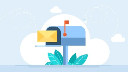 A mailbox with a letter in an envelope. Letterbox. Business correspondence, subscription. Inbox mail and mailbox. New message, communication. Open the post box. Post service. Cartoon 2D flat animation