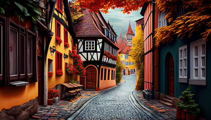Charming European Village with Cobblestone Streets and Colorful Houses