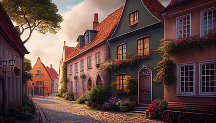 Charming European Village with Cobblestone Streets and Colorful Houses