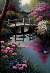 Tranquil Garden with Pond, Blooming Flowers, and Wooden Bridge
