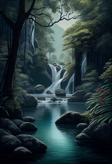 Tranquil River with Cascading Waterfall and Lush Vegetation