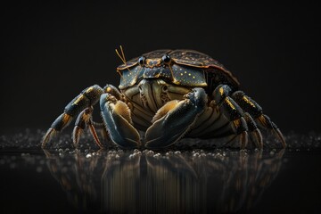 Close up of a fiddler crab against a dark backdrop. Generative AI