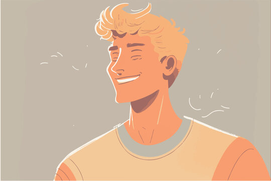 Happy man. Cheerful young guy. Vector illustration of cartoon boy smiling and laughing.  Positive flat worked. Human emotions. Hopeful teen. Comic drawing of sucessful character. Enthusiastic man.