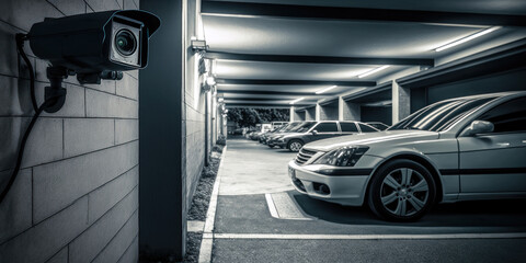 A security camera surveilling cars in a covered parking lot. Generative AI illustration