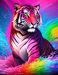 Tiger with rainbow splashes of colors in background