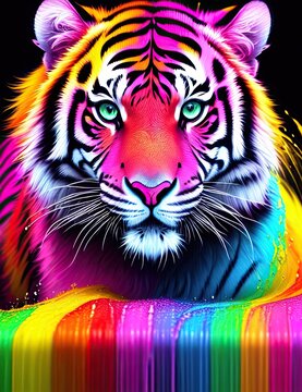 Tiger With Rainbow Splashes Of Colors In Background