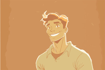 Happy man. Cheerful young guy. Vector illustration of cartoon boy smiling and cheering.  Positive flat worked. Human emotions. Hopeful teen. Comic drawing of sucessful character. Enthusiastic man.