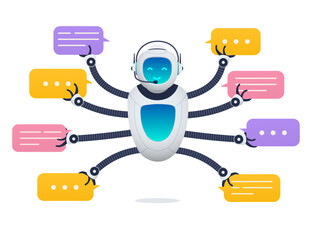 Chat bot, robot assistant for customer support. Concept of virtual consultant for receiving help and providing information.