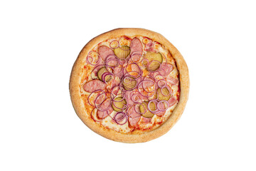 Pizza with Sausage, Pickles and Red Onion on Rustic Table.
Savory pizza topped with sliced sausage, pickles and red onion, baked on a golden crust and styled with fresh vegetables on a wooden backgrou