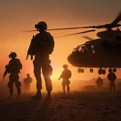 Fototapeta na wymiar Military silhouettes on sunset sky background
