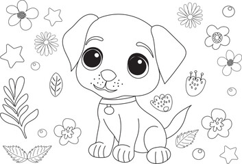 puppy, dog character coloring book, sketch isolated vector