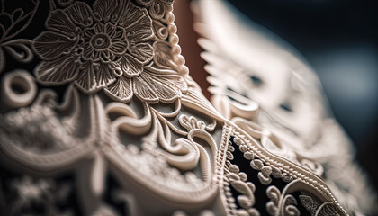 Macro photography of a lace bridal dress collar. Created with Generative AI