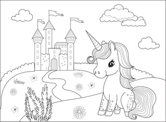 unicorn and castle coloring book, sketch isolated vector © zolotons