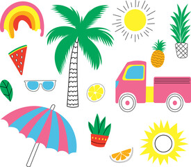 set of summer icons in doodle style isolated, vector