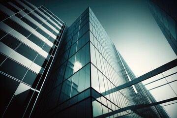 A view of contemporary office buildings glass and sky perspective of a commercial structure. Generative AI
