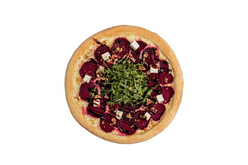 Pizza with Beetroot, Feta and Arugula on Rustic Table.
Creative gourmet pizza topped with roasted beetroot, crumbled feta cheese, and fresh arugula on a golden crust, styled on a wooden surface.
