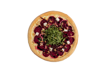 Pizza with Beetroot, Feta and Arugula on Rustic Table.
Creative gourmet pizza topped with roasted beetroot, crumbled feta cheese, and fresh arugula on a golden crust, styled on a wooden surface.