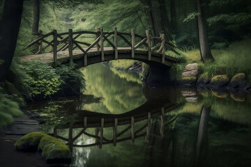 A rustic wooden bridge over a tranquil river
