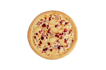 Pizza with Smoked Cheese and Berries on Rustic Table.
Artisan pizza topped with melted smoked cheese and sweet berries, served on a rustic wooden background with Italian-style decor.