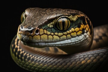 Obraz premium Asian vinesnake's head in closeup with its visage in closeup and a dark backdrop. Generative AI
