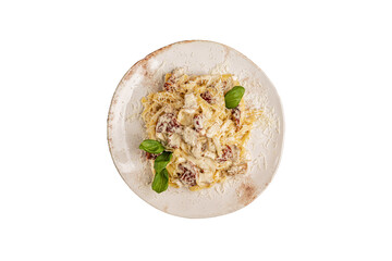 Spaghetti with Chicken in Creamy Sauce and Parmesan on Rustic Plate.
Pasta with chicken pieces in a white cream sauce, topped with grated parmesan and basil, served on a rustic background.