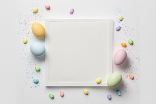 White Background With Easter Eggs And Blank Area For Text, White Background With Easter Eggs And Space For Writing, Generative Ai
