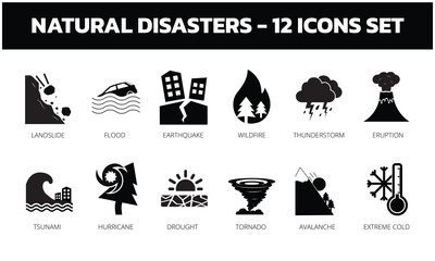 Natural Disasters icon set. Includes icons such as Earthquake, Flood, Tornado, Landslide, Volcano eruption and Drought. Flat editable vector icons.