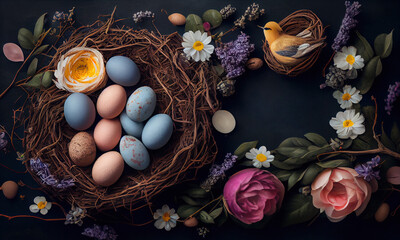 Obraz na płótnie Canvas Easter eggs in nest top view with copy space on a black background, happy easter concept. Generative AI