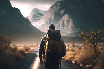 Hiker walking down a road in nature. Cinematic Look. Generative AI.