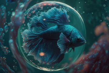 Obraz na płótnie Canvas Bubbles and copy space may be seen on the blue betta fish. Generative AI