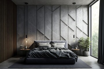 Bedroom interior design concept idea with backdrop texture of concrete walls. Generative AI