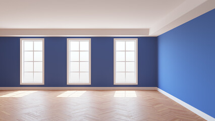 Blue Interior with a White Ceiling and Cornice, Glossy Herringbone Parquet Floor, Three Large Windows and a White Plinth. Sunny Beautiful Interior. 3D illustration, 8K Ultra HD, 7680x4320, 300 dpi