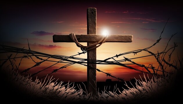 ﻿The Cross of Jesus Christ breaks the boundary wire with a Calvary Sunset in the background for Good Friday, He is Risen on Easter Day. AI Generation
