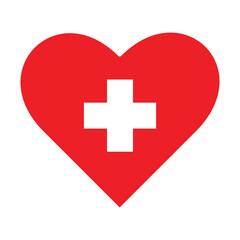 Red Heart with white cross inside icon. Heart flat icon, healt care concept sign vector on white background. Simple medic support concept pictogram, infographic for ads app logo web button.