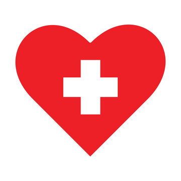 Red Heart with white cross inside icon. Heart flat icon, healt care concept sign vector on white background. Simple medic support concept pictogram, infographic for ads app logo web button.